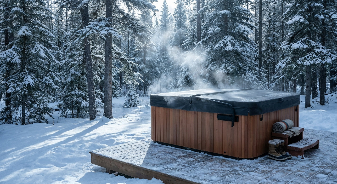 A well-maintained hot tub with a snow-covered protective cover sits on a wooden deck surrounded by snow-laden evergreen trees on a quiet Canadian winter day.