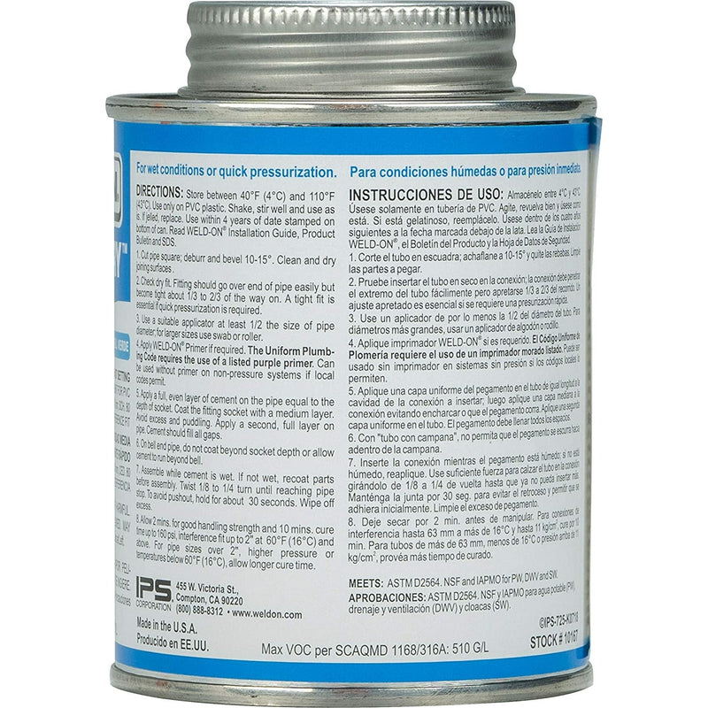 Weldon 725 Wet R Dry PVC Pipe Glue - 1/2 Pint WeldOn 